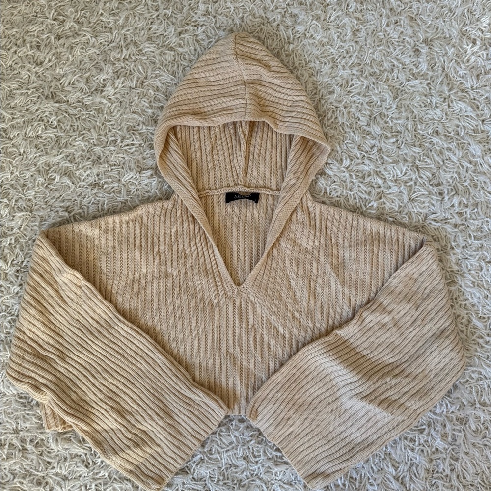 AKIRA Ribbed Tan V-Neck Hooded Sweater